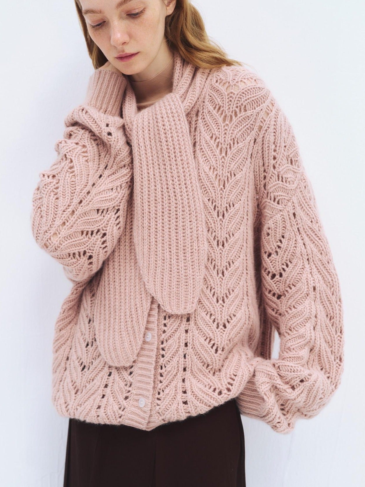someonesometimes Wool Blend Relaxed Oversized Tie Pullover Light Blush Women Knit Cardigans