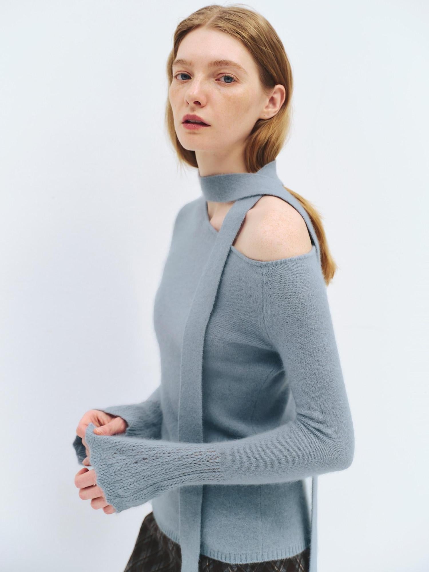someonesometimes Wool Blend Slim Fit Casual Knit Angled Neck One Shoulder Women Tops Sweaters