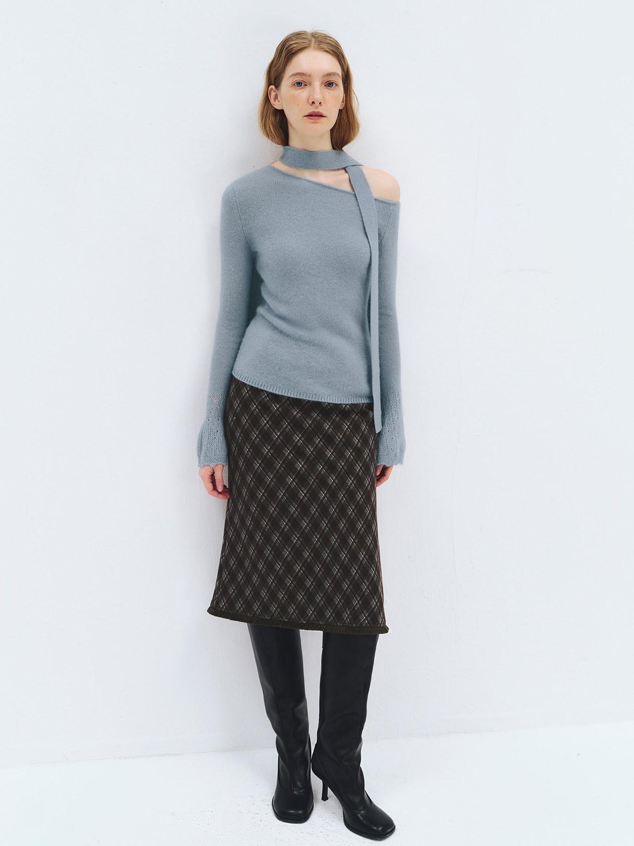 someonesometimes Wool Blend Slim Fit Casual Knit Angled Neck One Shoulder Women Tops Sweaters