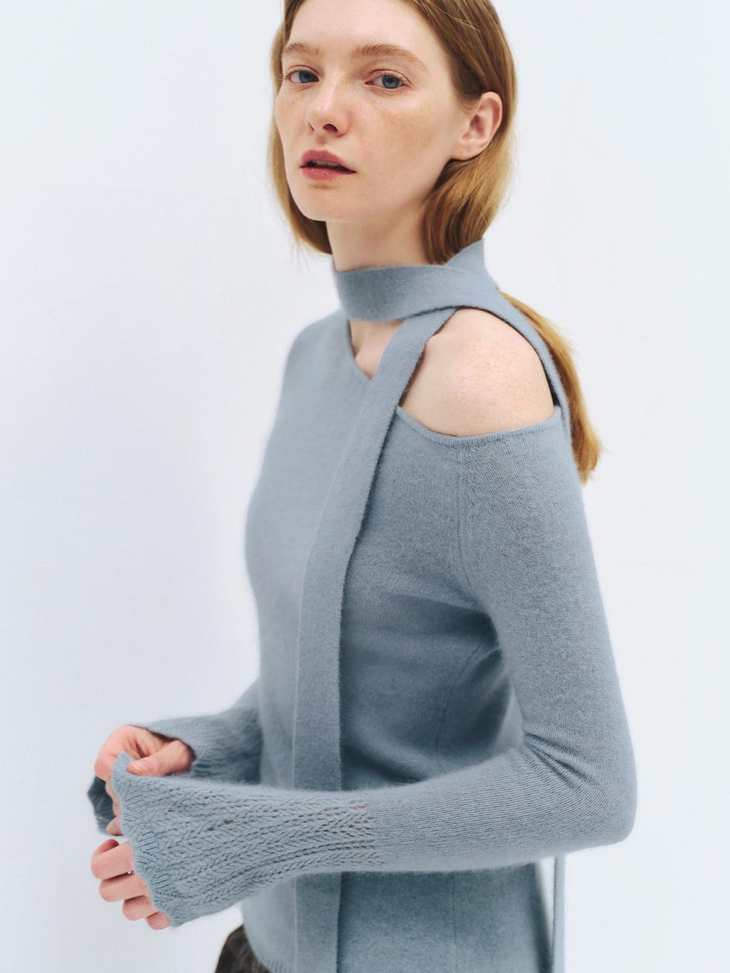 someonesometimes Wool Blend Slim Fit Casual Knit Angled Neck One Shoulder Women Tops Sweaters