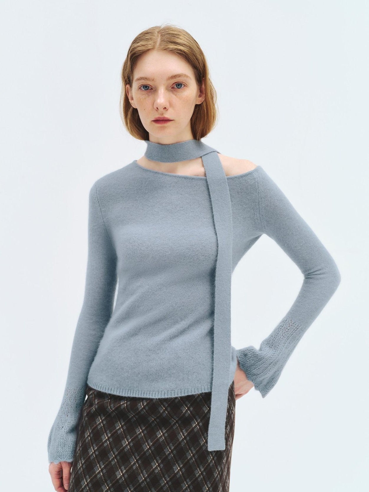 someonesometimes Wool Blend Slim Fit Casual Knit Angled Neck One Shoulder Women Tops Sweaters