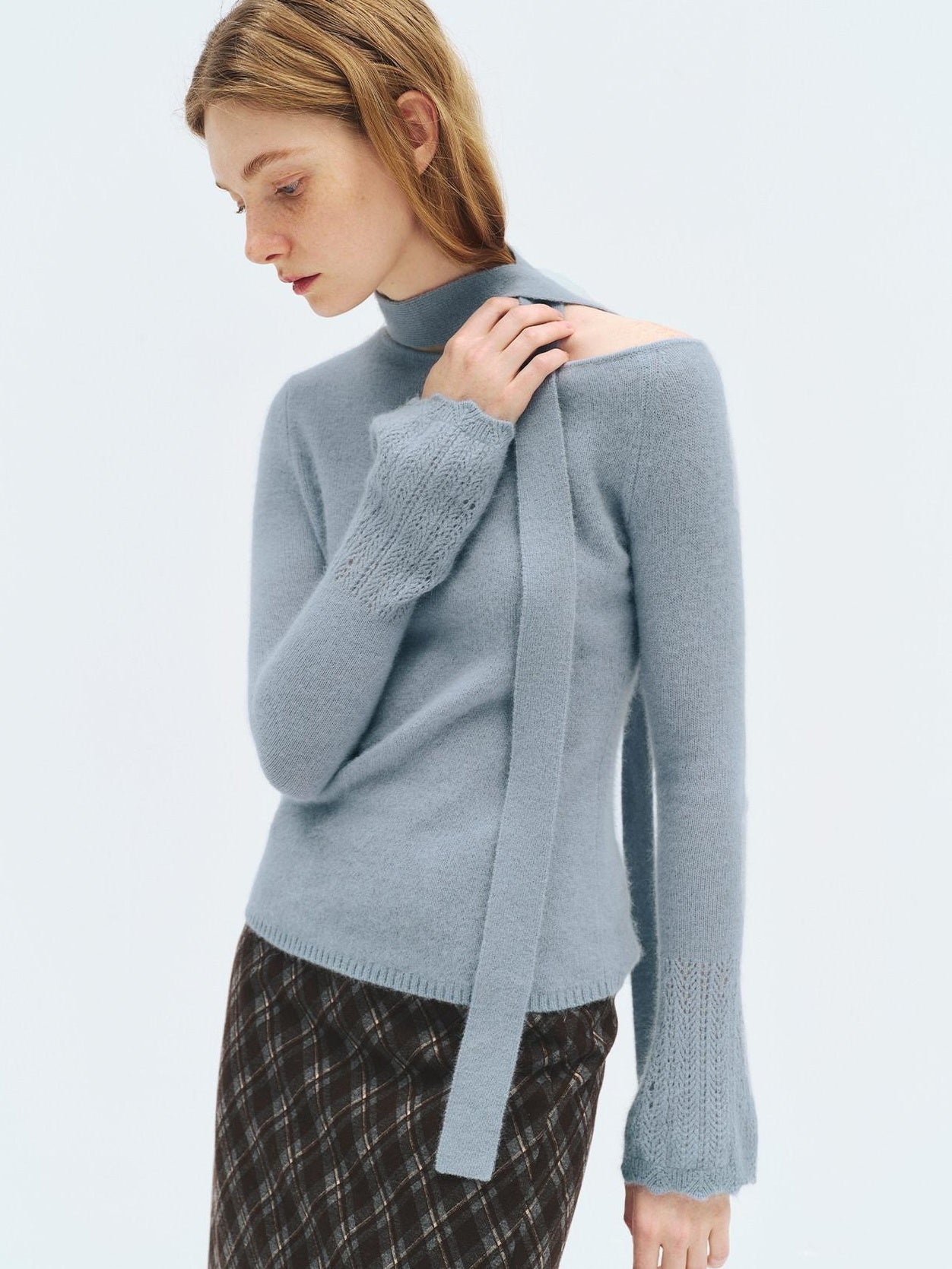 someonesometimes Wool Blend Slim Fit Casual Knit Angled Neck One Shoulder Women Tops Sweaters