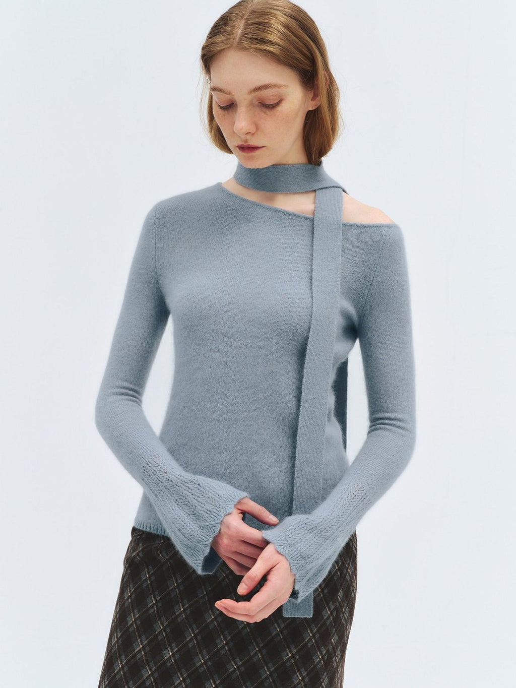 someonesometimes Wool Blend Slim Fit Casual Knit Angled Neck One Shoulder Women Tops Sweaters