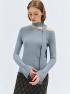 someonesometimes Wool Blend Slim Fit Casual Knit Angled Neck One Shoulder Women Tops Sweaters