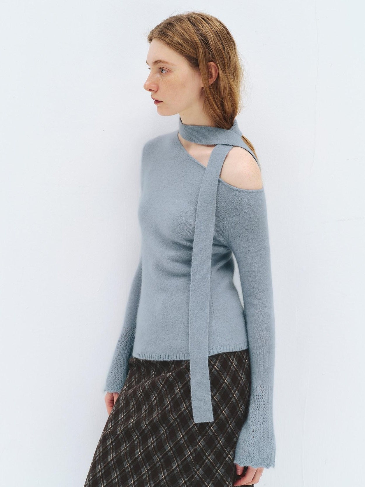 someonesometimes Wool Blend Slim Fit Casual Knit Angled Neck One Shoulder Women Tops Sweaters
