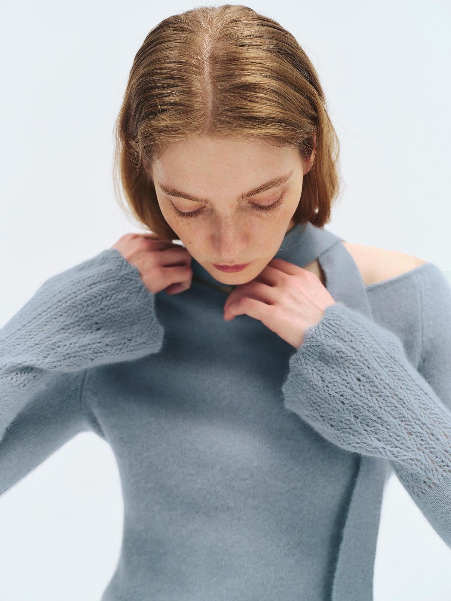 someonesometimes Wool Blend Slim Fit Casual Knit Angled Neck One Shoulder Women Tops Sweaters