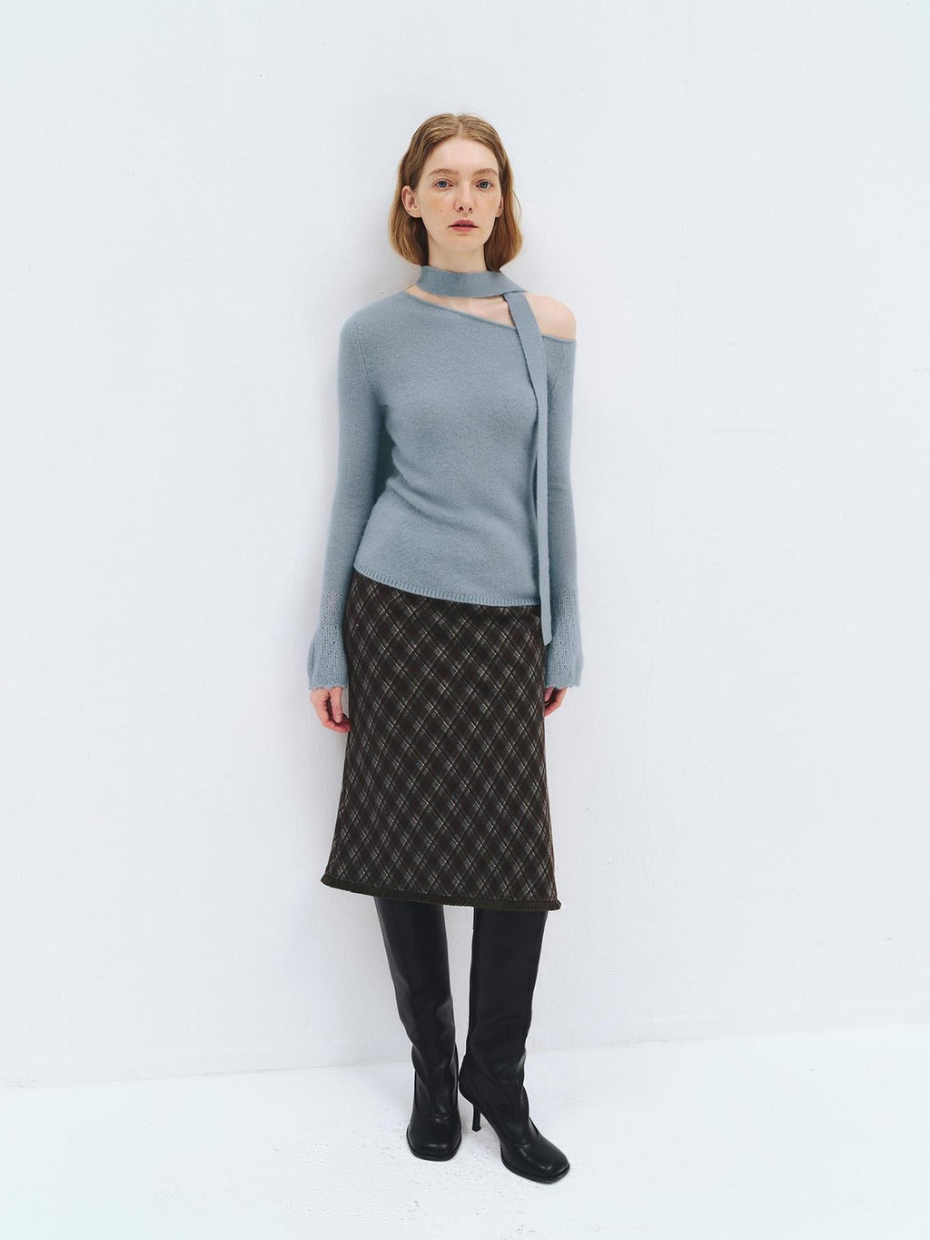 someonesometimes Wool Blend Slim Fit Casual Knit Angled Neck One Shoulder Women Tops Sweaters