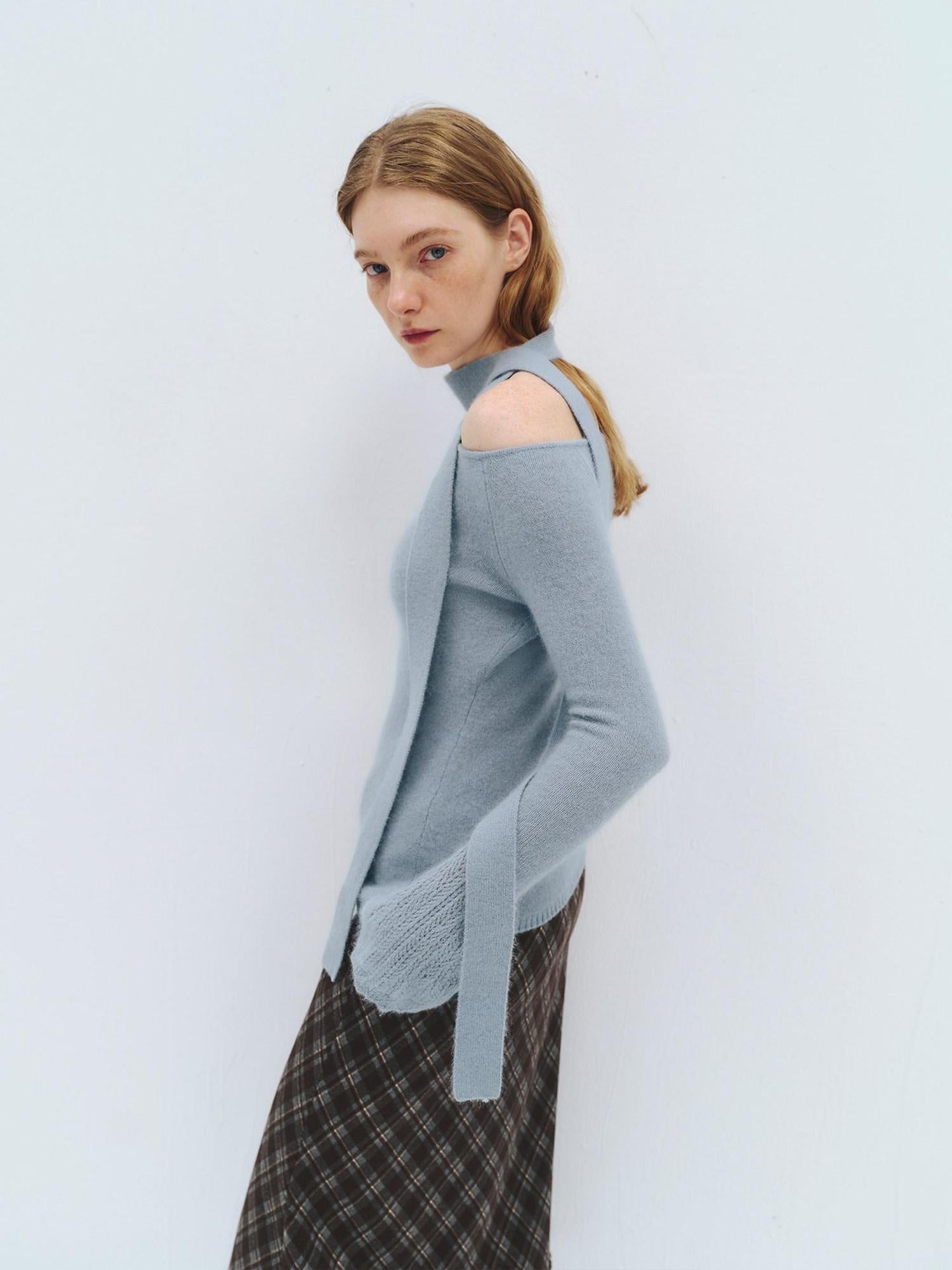 someonesometimes Wool Blend Slim Fit Casual Knit Angled Neck One Shoulder Women Tops Sweaters