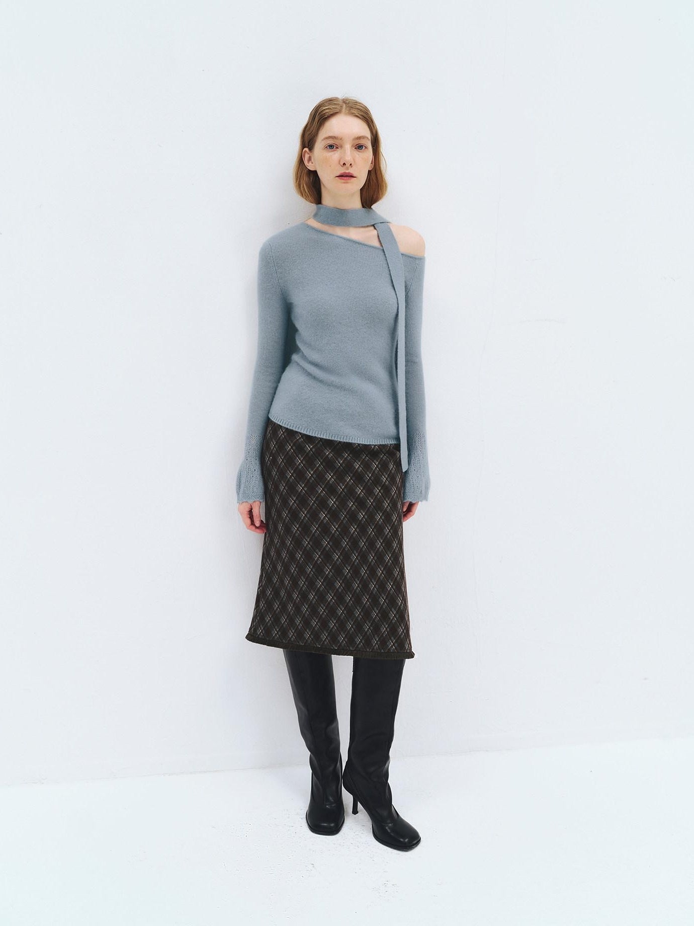 someonesometimes Wool Blend Slim Fit Casual Knit Angled Neck One Shoulder Women Tops Sweaters