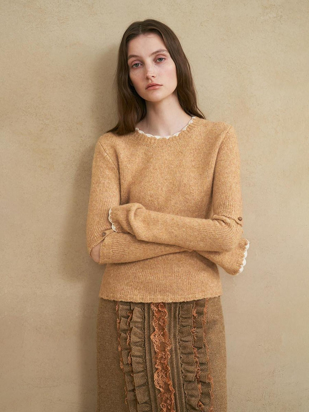 someonesometimes Wool Cotton Blend Office Straight Fit Round Neck Heather Honey Orange Sweaters