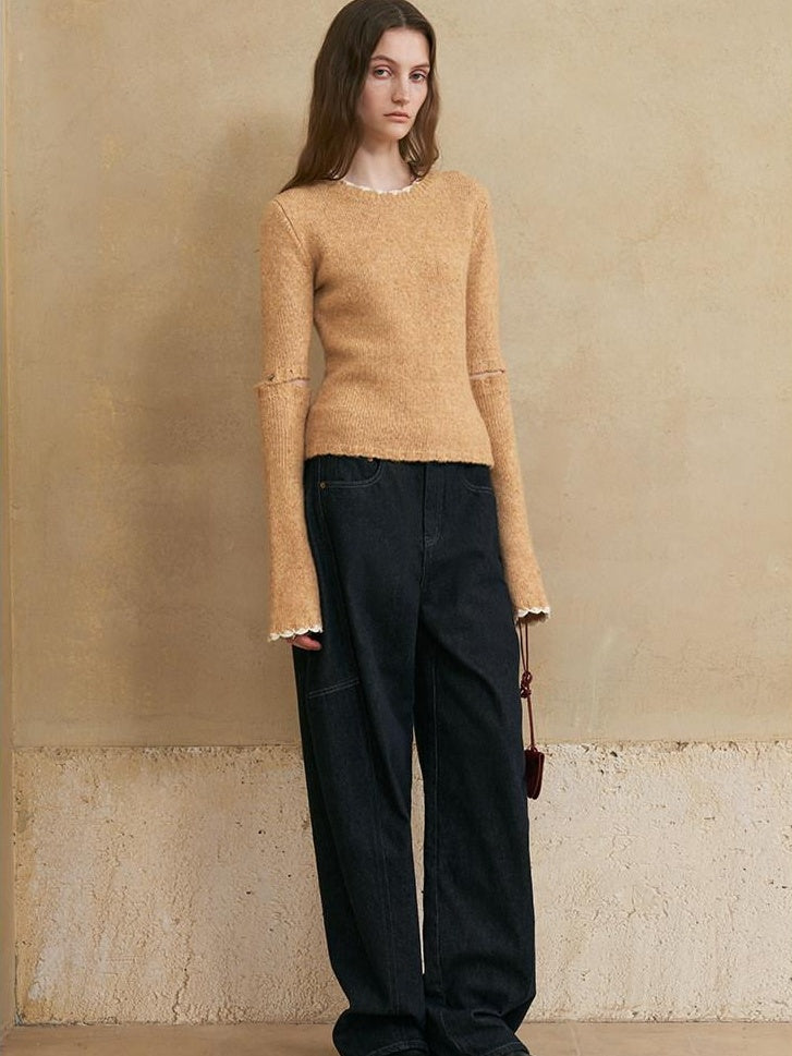 someonesometimes Wool Cotton Blend Office Straight Fit Round Neck Heather Honey Orange Sweaters