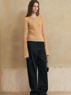 someonesometimes Wool Cotton Blend Office Straight Fit Round Neck Heather Honey Orange Sweaters