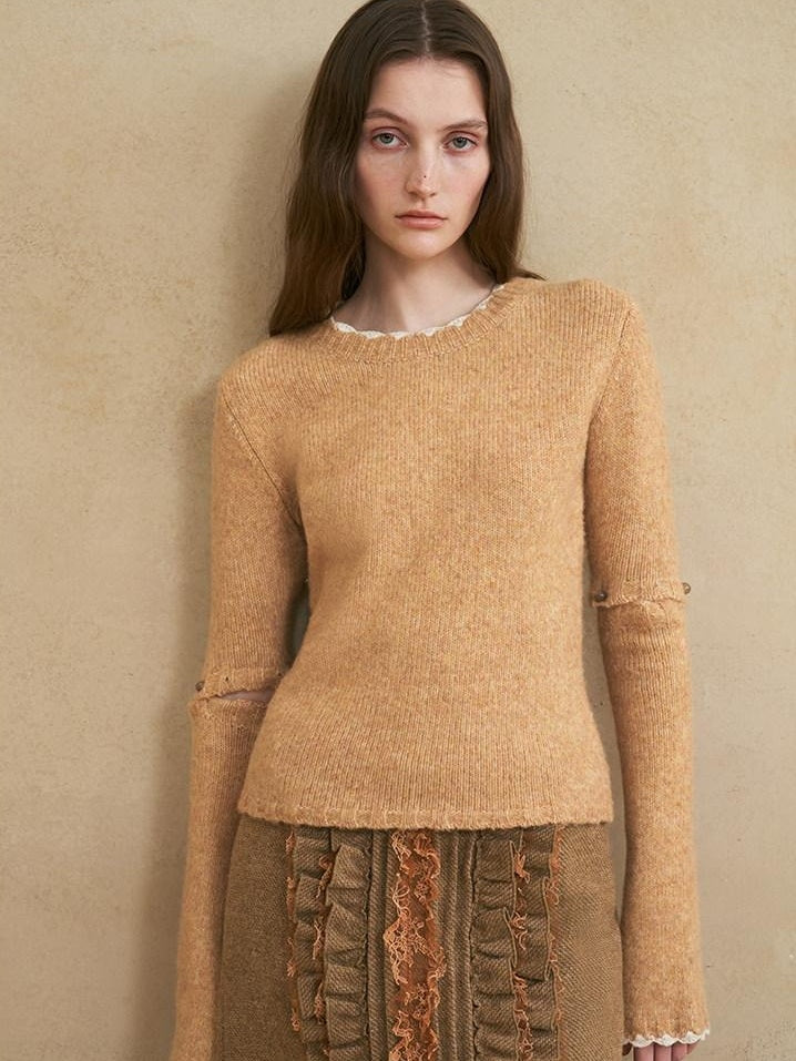 someonesometimes Wool Cotton Blend Office Straight Fit Round Neck Heather Honey Orange Sweaters