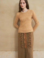 someonesometimes Wool Cotton Blend Office Straight Fit Round Neck Heather Honey Orange Sweaters