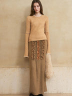someonesometimes Wool Cotton Blend Office Straight Fit Round Neck Heather Honey Orange Sweaters