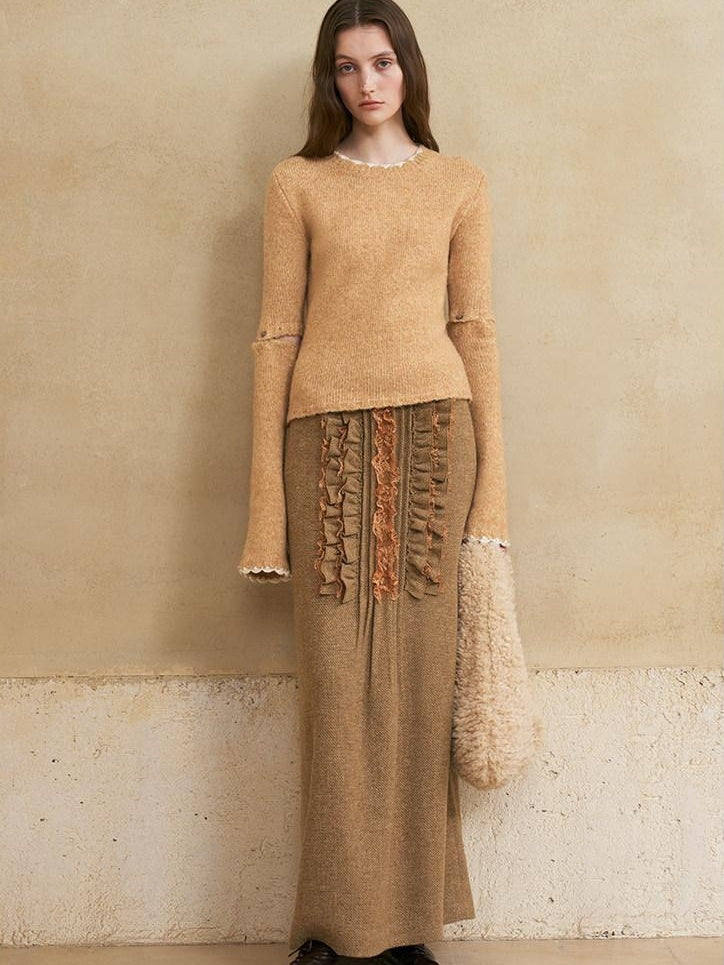 someonesometimes Wool Cotton Blend Office Straight Fit Round Neck Heather Honey Orange Sweaters