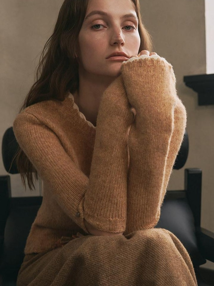 someonesometimes Wool Cotton Blend Office Straight Fit Round Neck Heather Honey Orange Sweaters