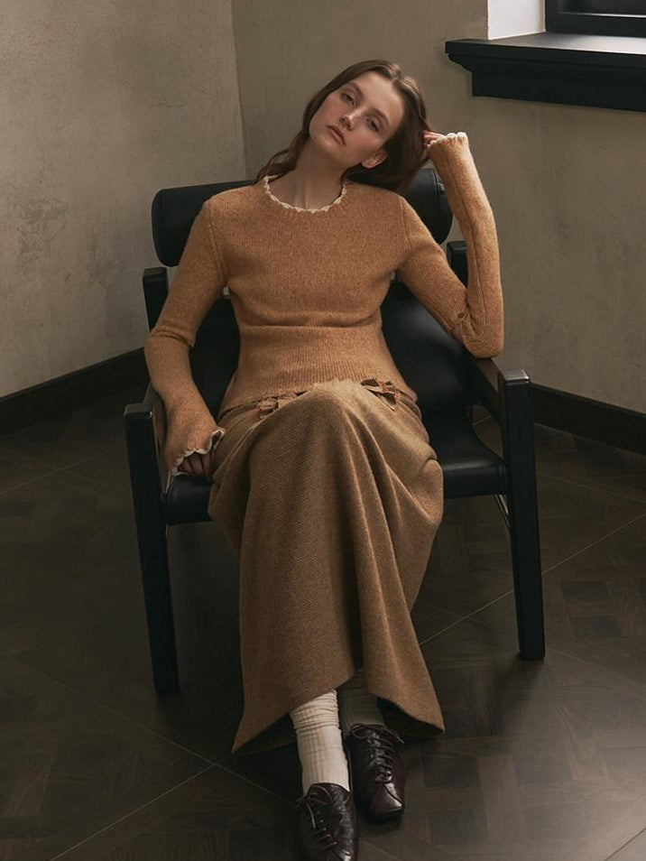 someonesometimes Wool Cotton Blend Office Straight Fit Round Neck Heather Honey Orange Sweaters