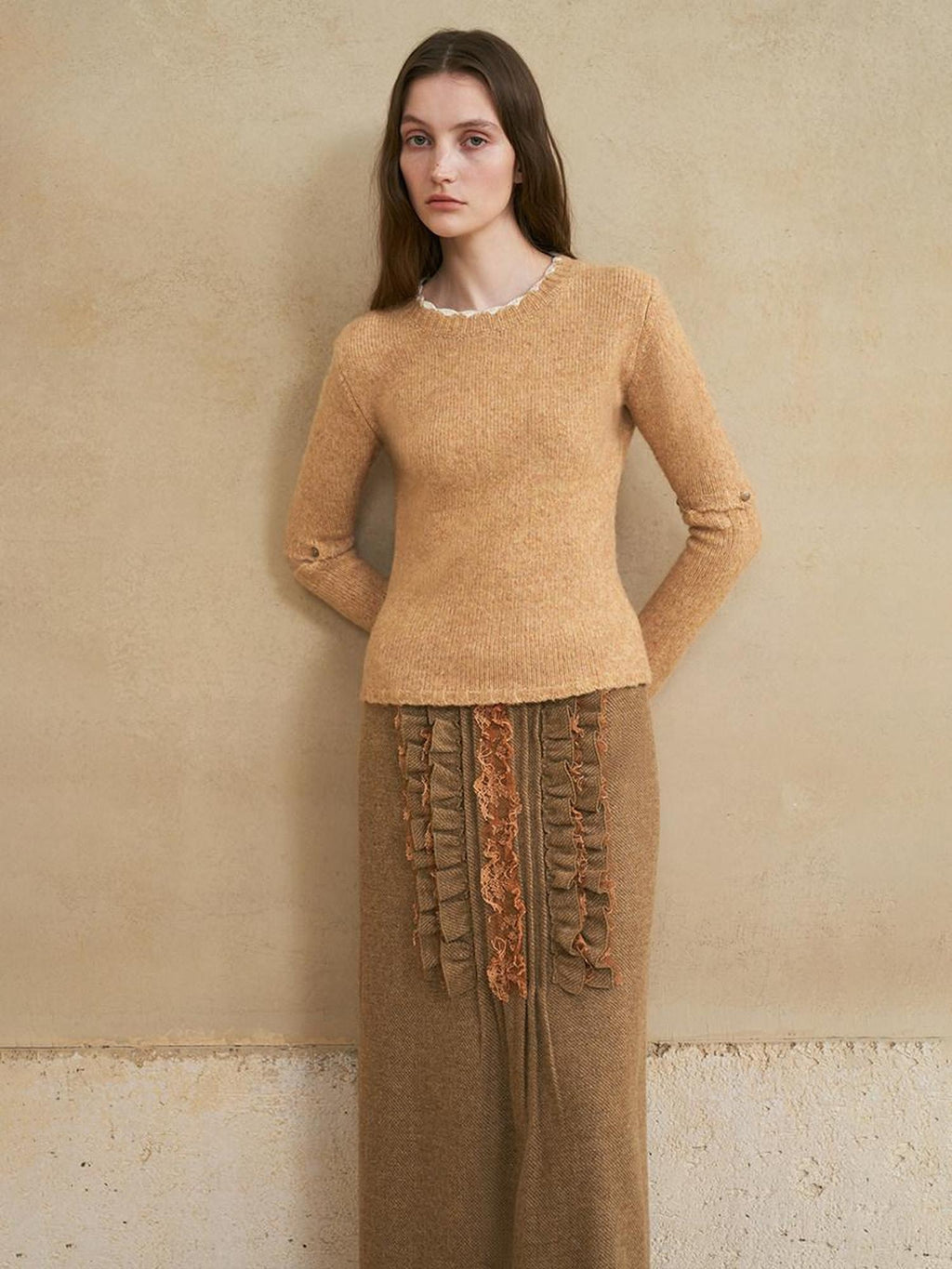 someonesometimes Wool Cotton Blend Office Straight Fit Round Neck Heather Honey Orange Sweaters
