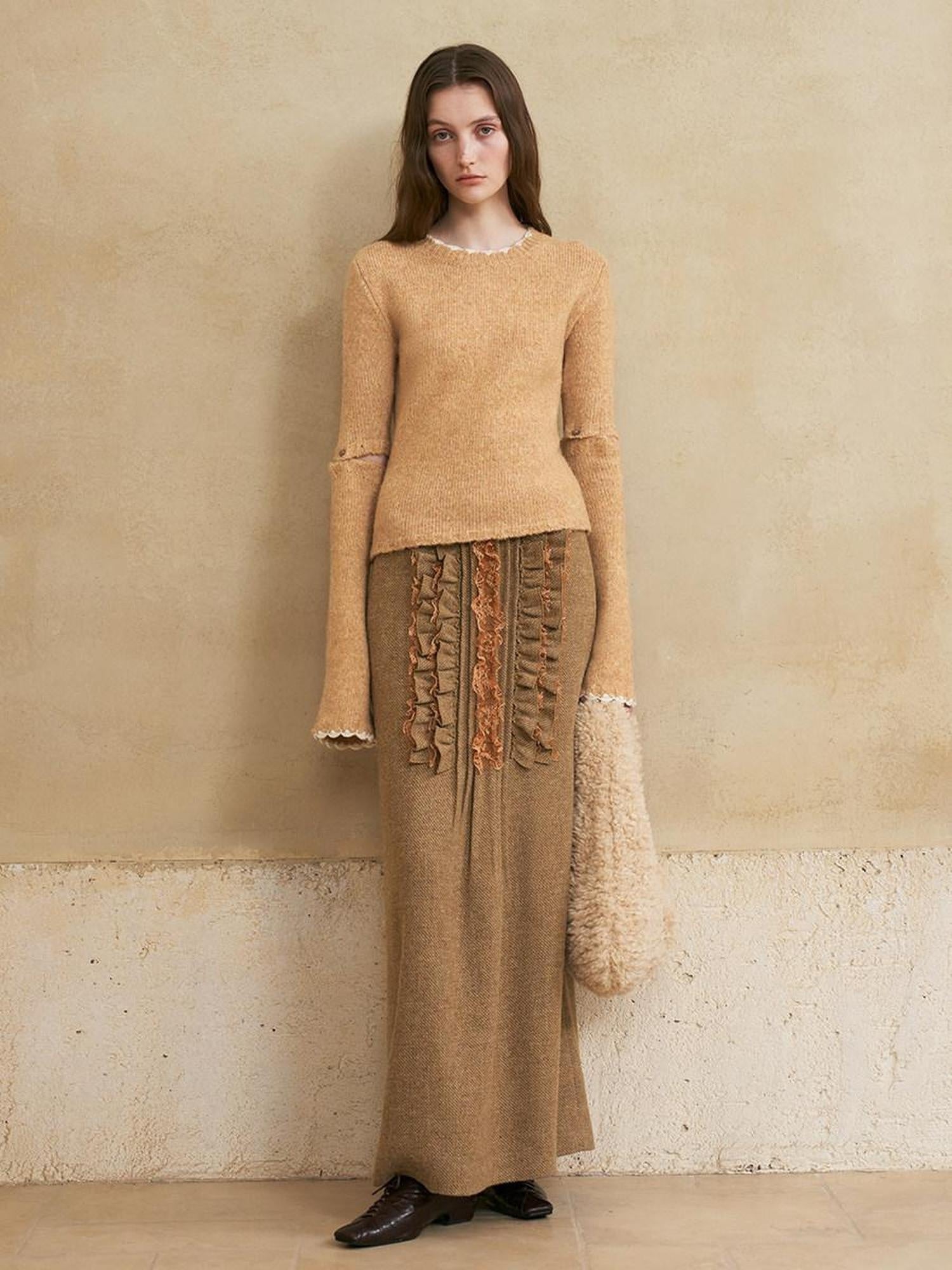 someonesometimes Wool Cotton Blend Office Straight Fit Round Neck Heather Honey Orange Sweaters