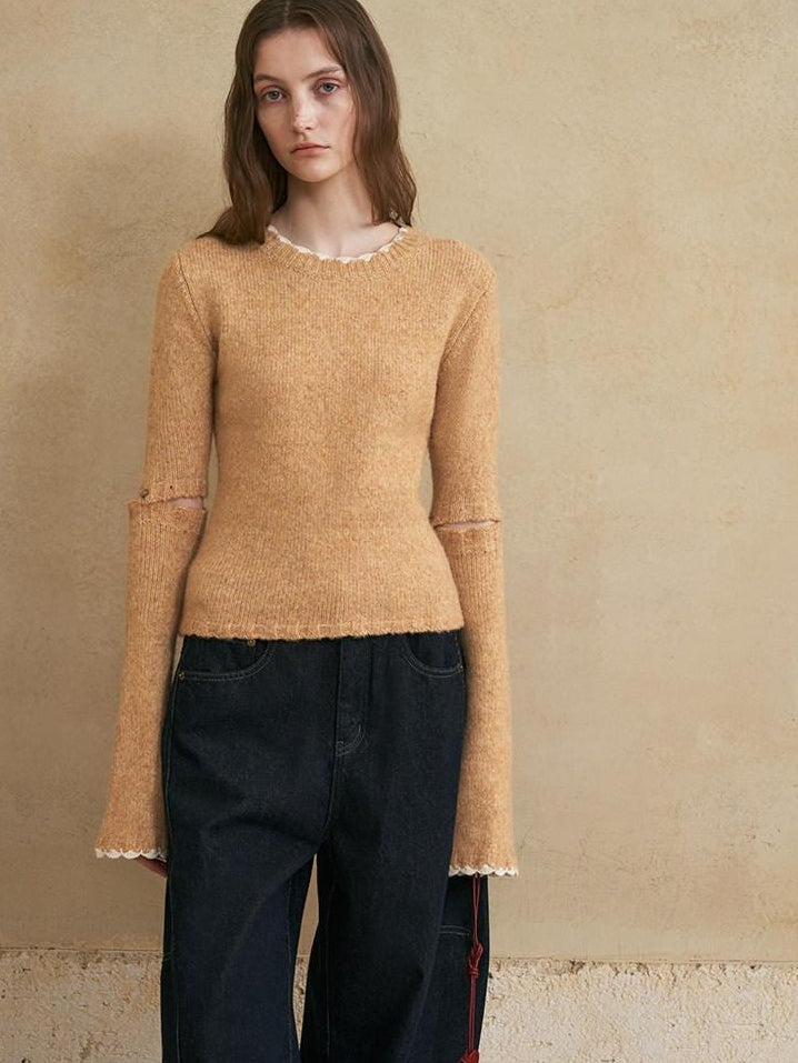 someonesometimes Wool Cotton Blend Office Straight Fit Round Neck Heather Honey Orange Sweaters