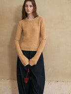 someonesometimes Wool Cotton Blend Office Straight Fit Round Neck Heather Honey Orange Sweaters