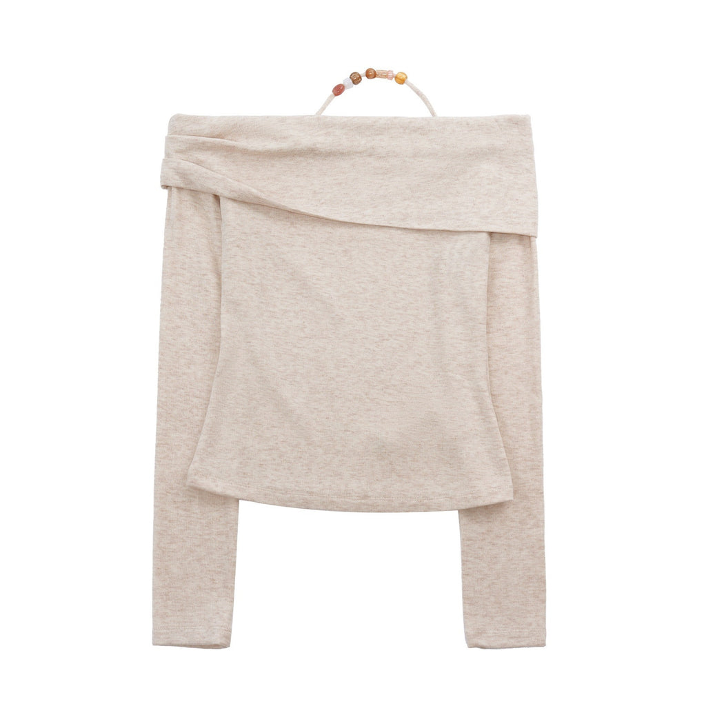 someonesometimes_Wool_Oatmeal_Knit_Polo_Collar_Slim_Fit_Women_T_Shirt_Off_Shoulder_Crop_Tops_MISSTT