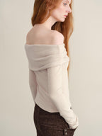 someonesometimes Wool Oatmeal Knit Polo Collar Slim Fit Women T Shirt Off Shoulder Crop Tops