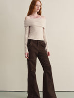someonesometimes Wool Oatmeal Knit Polo Collar Slim Fit Women T Shirt Off Shoulder Crop Tops