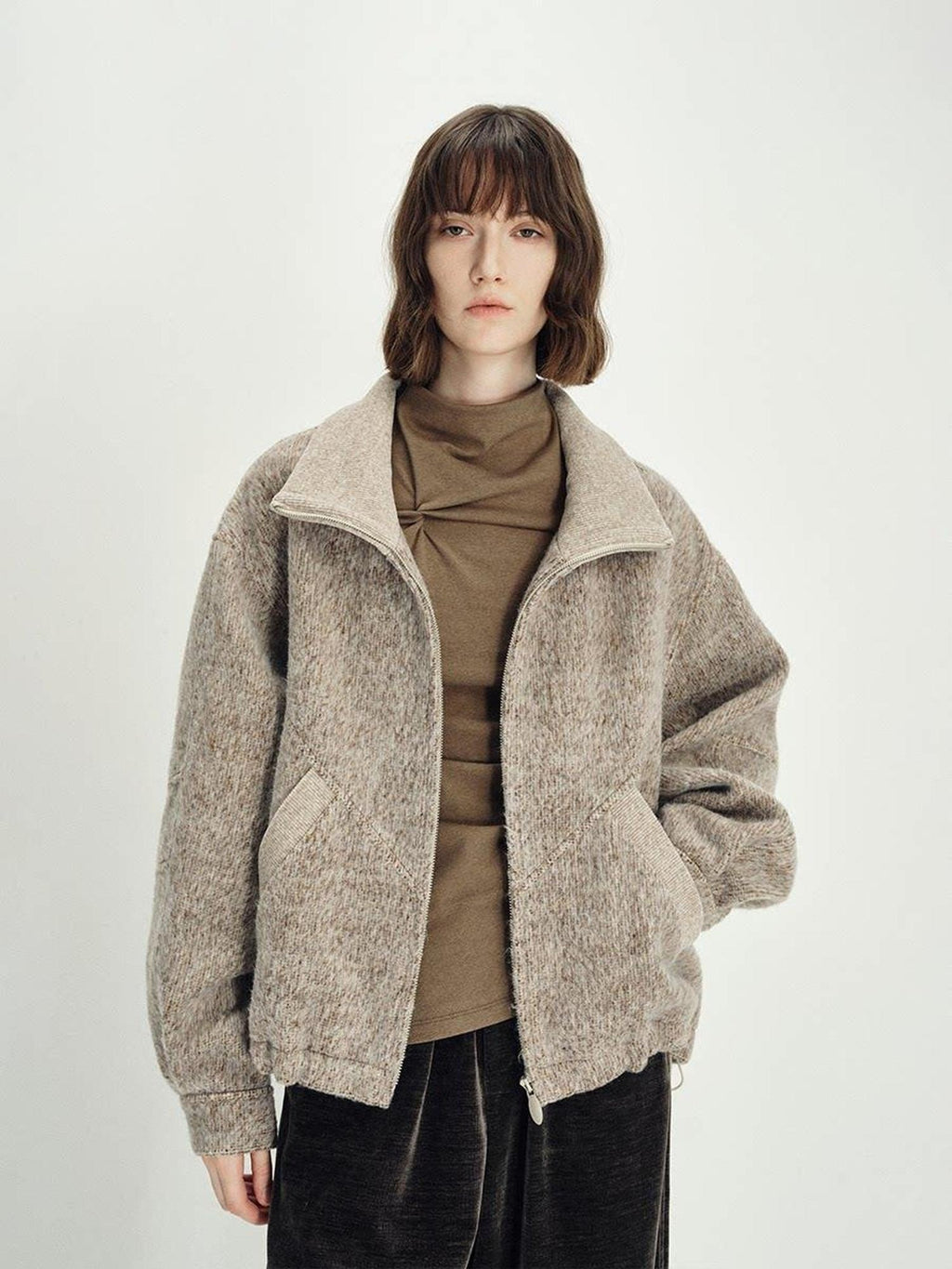 someonesometimes Zip Front Stand Collar Slim Fit Women Wool Blend Long Sleeve Cropped Jackets