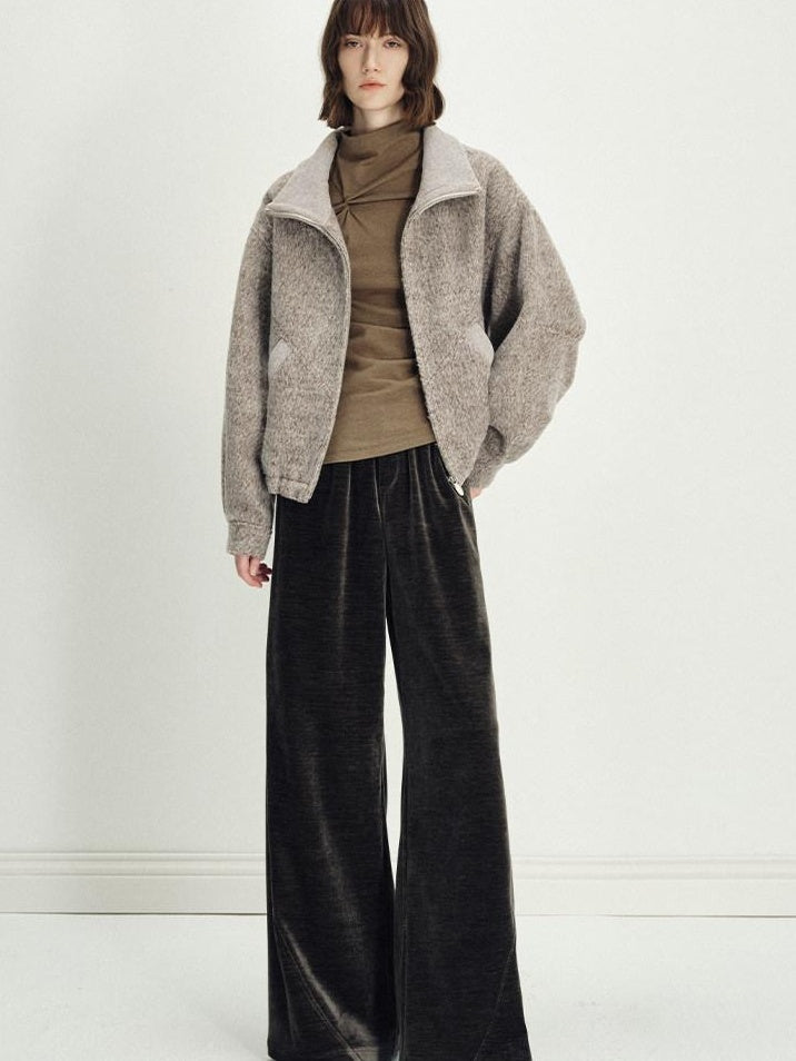 someonesometimes Zip Front Stand Collar Slim Fit Women Wool Blend Long Sleeve Cropped Jackets