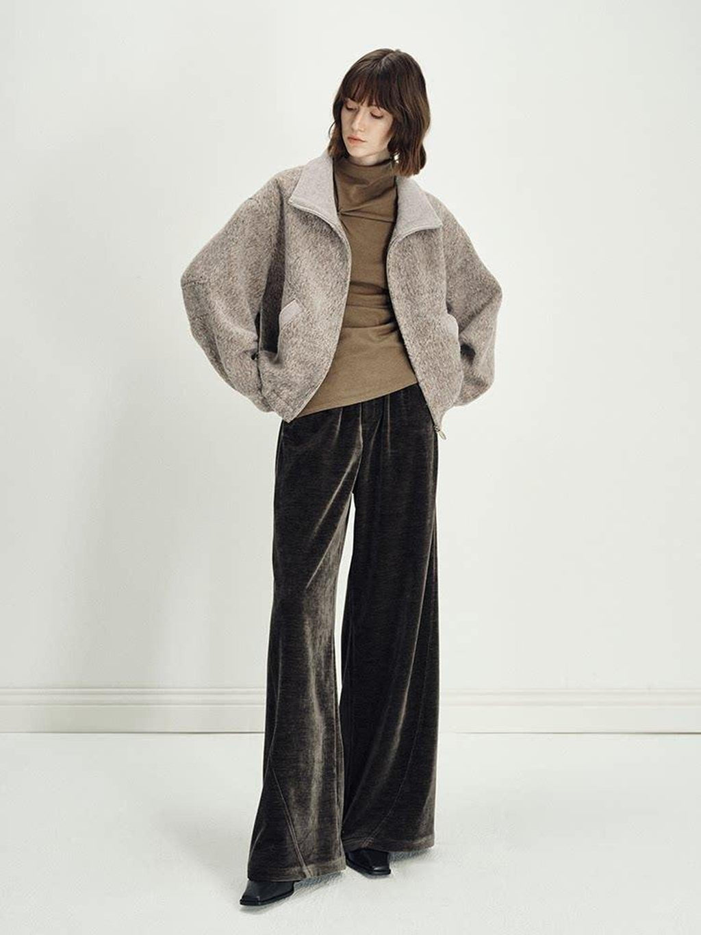 someonesometimes Zip Front Stand Collar Slim Fit Women Wool Blend Long Sleeve Cropped Jackets