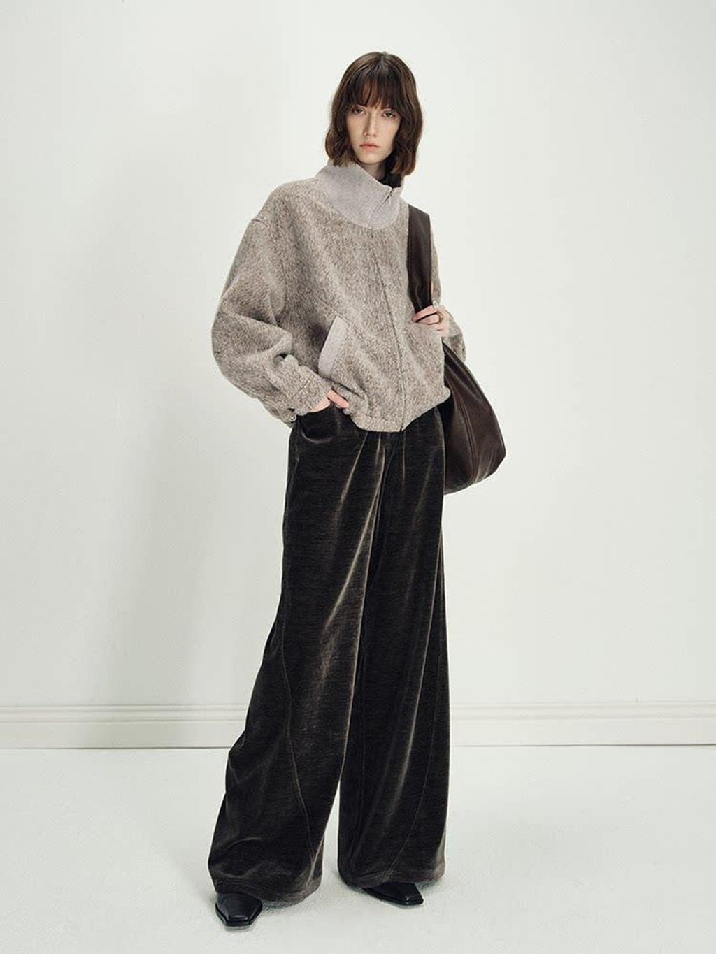 someonesometimes Zip Front Stand Collar Slim Fit Women Wool Blend Long Sleeve Cropped Jackets