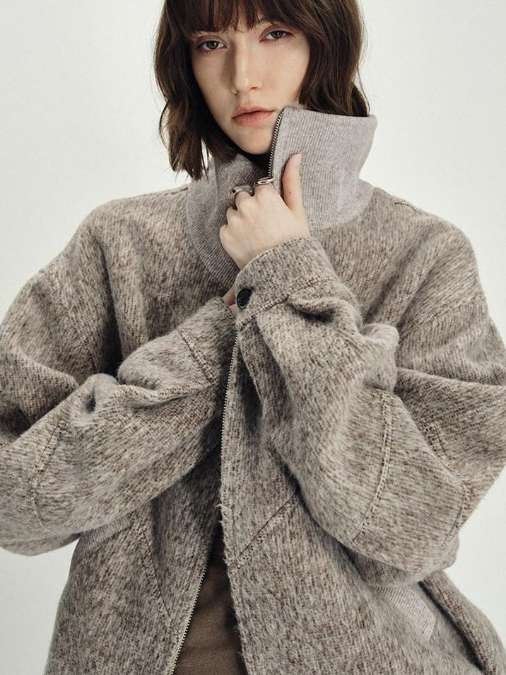 someonesometimes Zip Front Stand Collar Slim Fit Women Wool Blend Long Sleeve Cropped Jackets