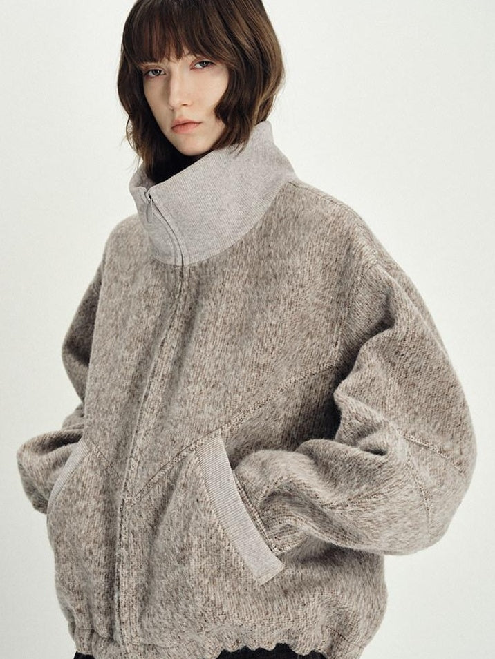 someonesometimes Zip Front Stand Collar Slim Fit Women Wool Blend Long Sleeve Cropped Jackets