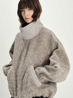 someonesometimes Zip Front Stand Collar Slim Fit Women Wool Blend Long Sleeve Cropped Jackets