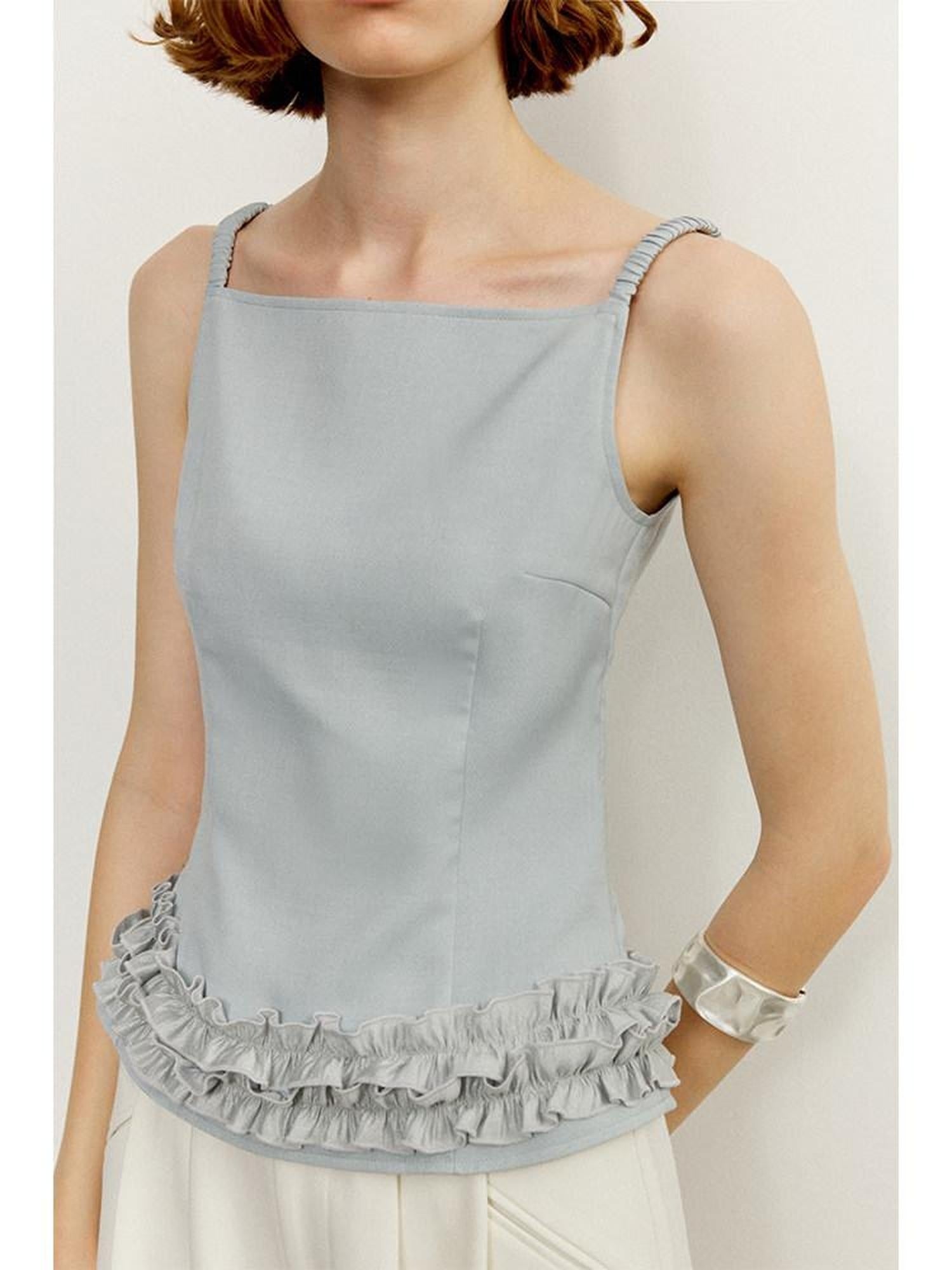 someonesometimes Zipper Front Original Ruffle Trim Slim Fit Women Light Blue Polyester Camisoles