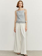 someonesometimes Zipper Front Original Ruffle Trim Slim Fit Women Light Blue Polyester Camisoles