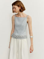 someonesometimes Zipper Front Original Ruffle Trim Slim Fit Women Light Blue Polyester Camisoles