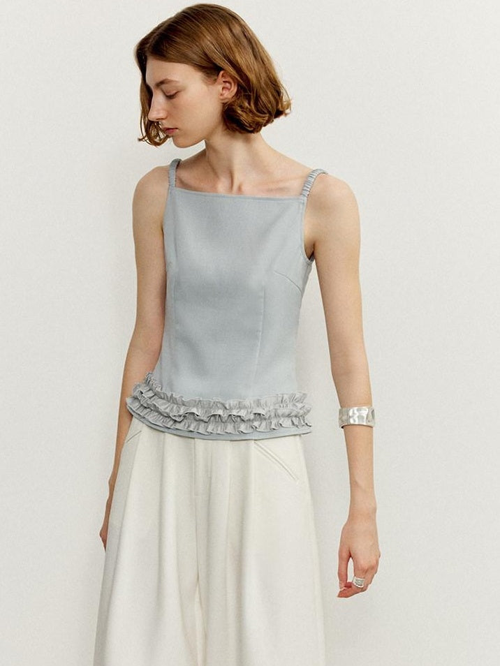 someonesometimes Zipper Front Original Ruffle Trim Slim Fit Women Light Blue Polyester Camisoles