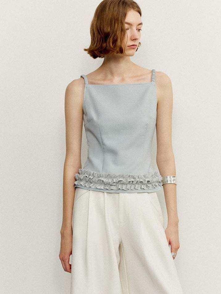 someonesometimes Zipper Front Original Ruffle Trim Slim Fit Women Light Blue Polyester Camisoles