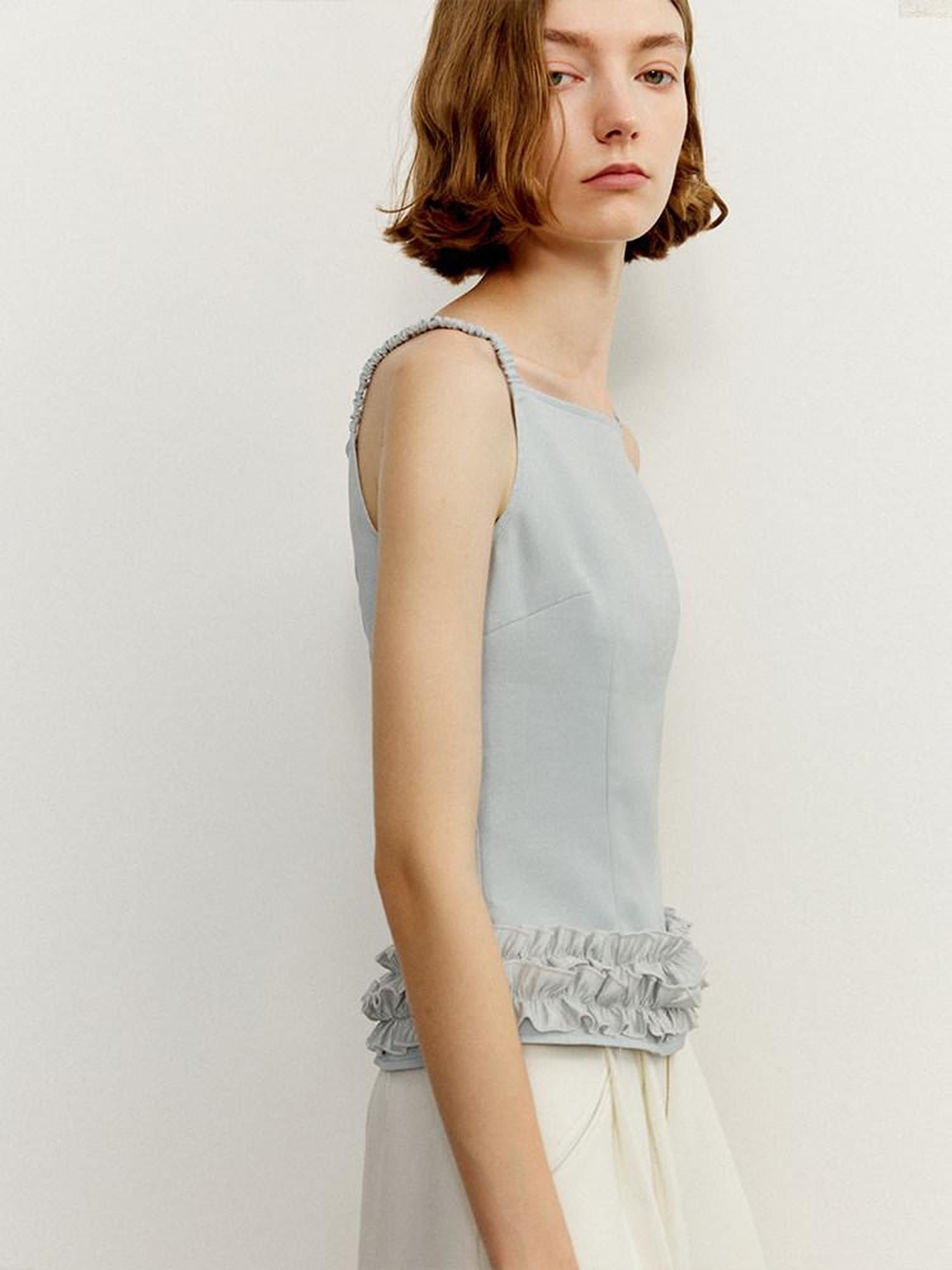 someonesometimes Zipper Front Original Ruffle Trim Slim Fit Women Light Blue Polyester Camisoles