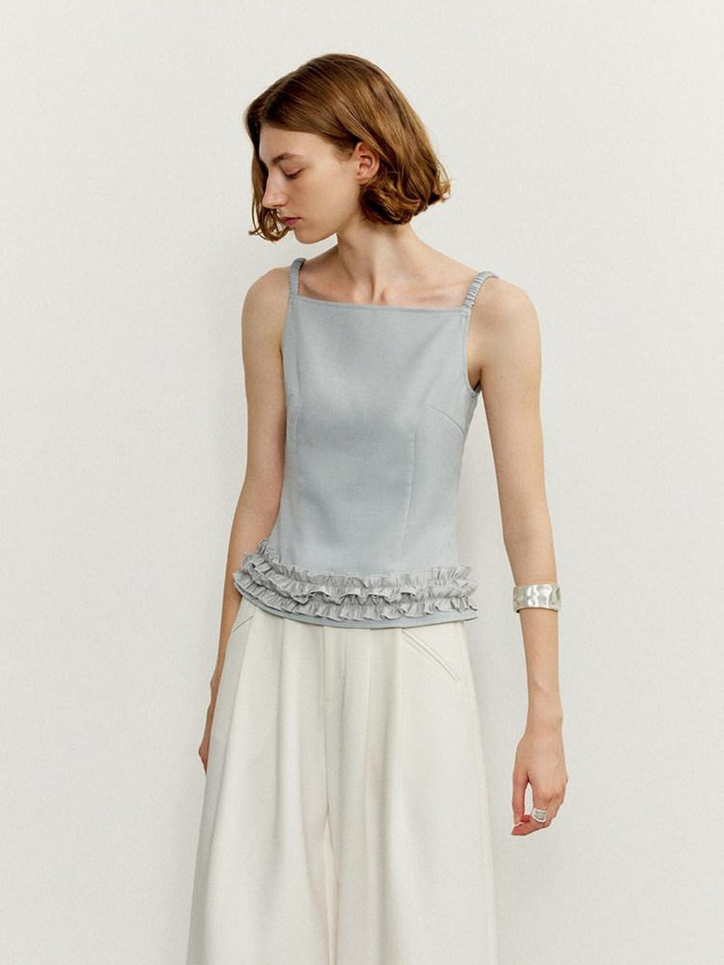 someonesometimes Zipper Front Original Ruffle Trim Slim Fit Women Light Blue Polyester Camisoles