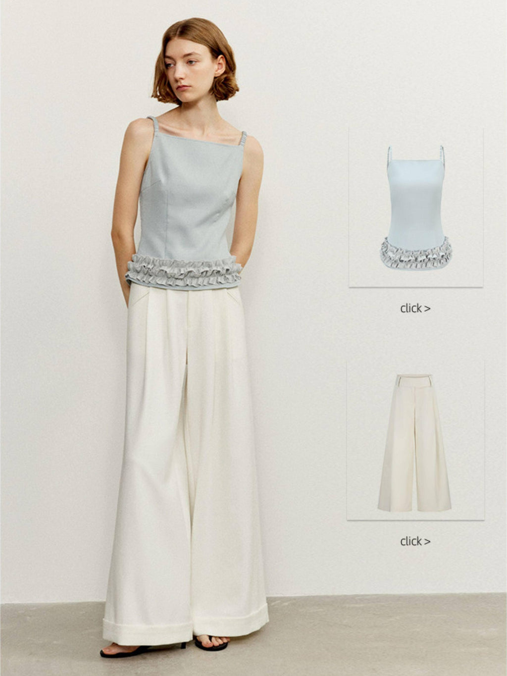 someonesometimes Zipper Front Original Ruffle Trim Slim Fit Women Light Blue Polyester Camisoles