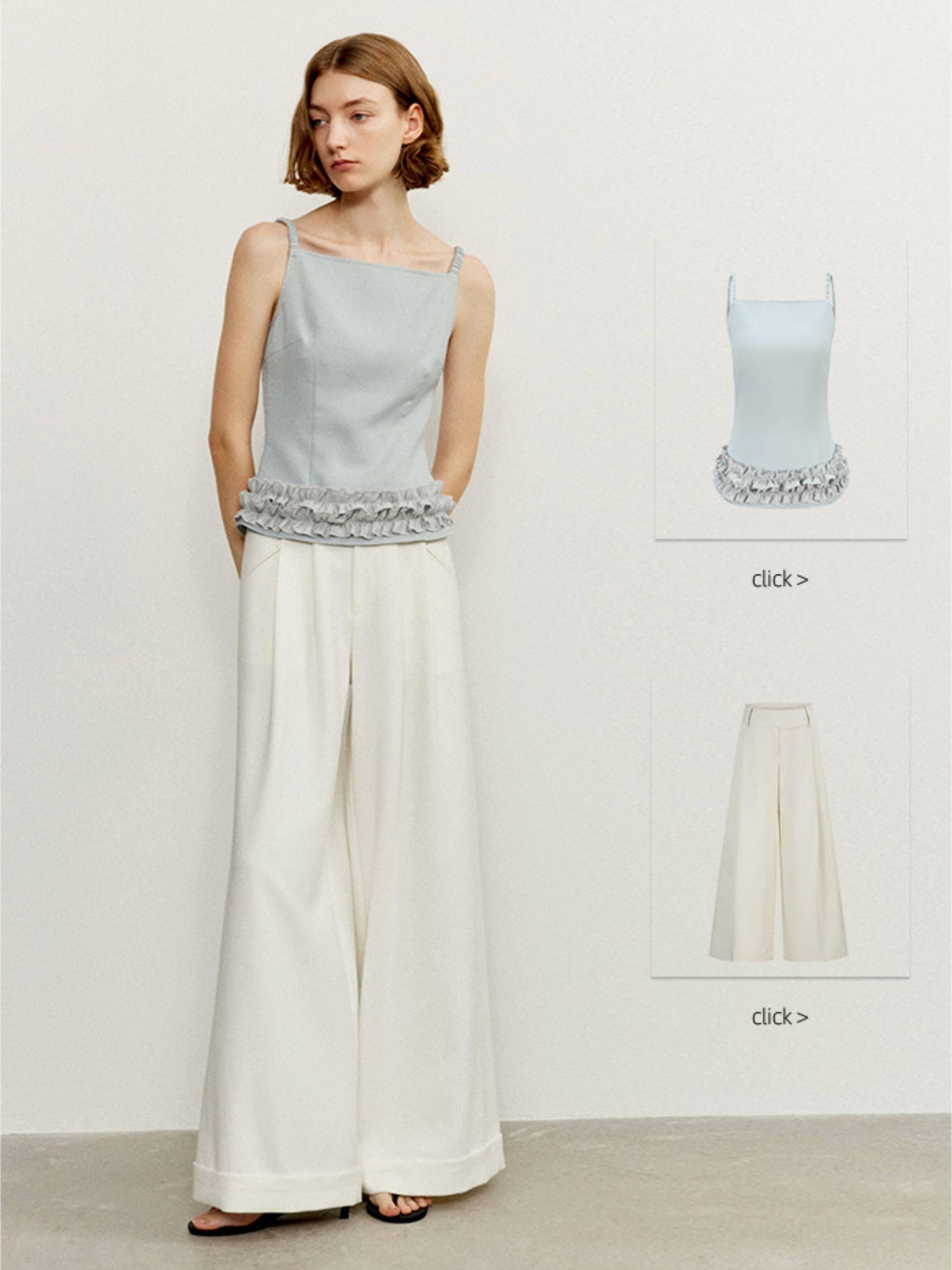 someonesometimes Zipper Front Original Ruffle Trim Slim Fit Women Light Blue Polyester Camisoles