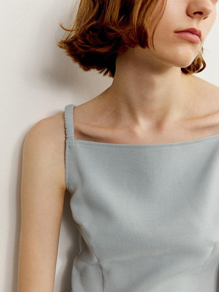 someonesometimes Zipper Front Original Ruffle Trim Slim Fit Women Light Blue Polyester Camisoles