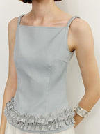 someonesometimes Zipper Front Original Ruffle Trim Slim Fit Women Light Blue Polyester Camisoles