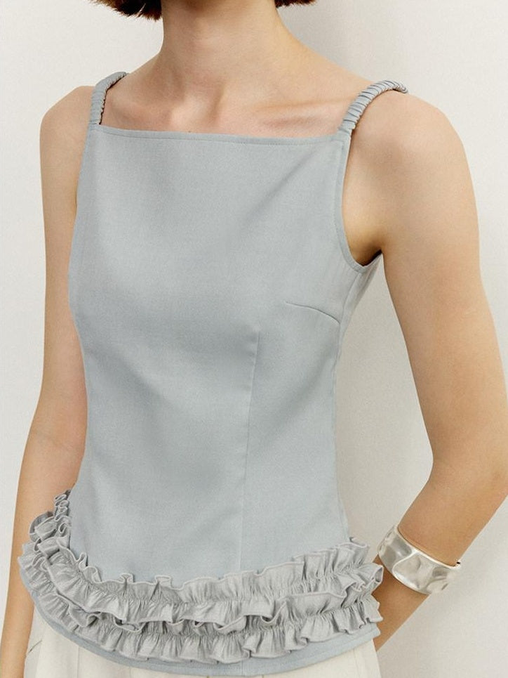 someonesometimes Zipper Front Original Ruffle Trim Slim Fit Women Light Blue Polyester Camisoles