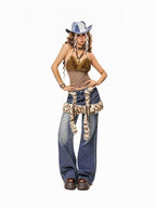 sugartiger Blue Tie Dye Caramel Leopard Wide Brim Flat Top Women's Cowboy Hats