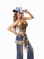 sugartiger Blue Tie Dye Caramel Leopard Wide Brim Flat Top Women's Cowboy Hats